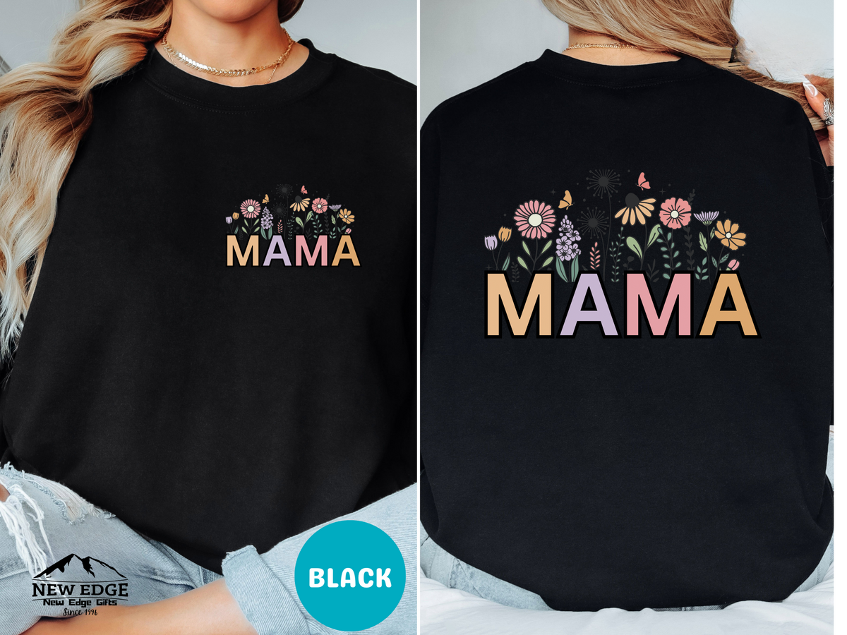 MAMA Retro Letters Sweatshirt – Front & Back Floral Print Design, Vintage Style Cozy Mom Gift