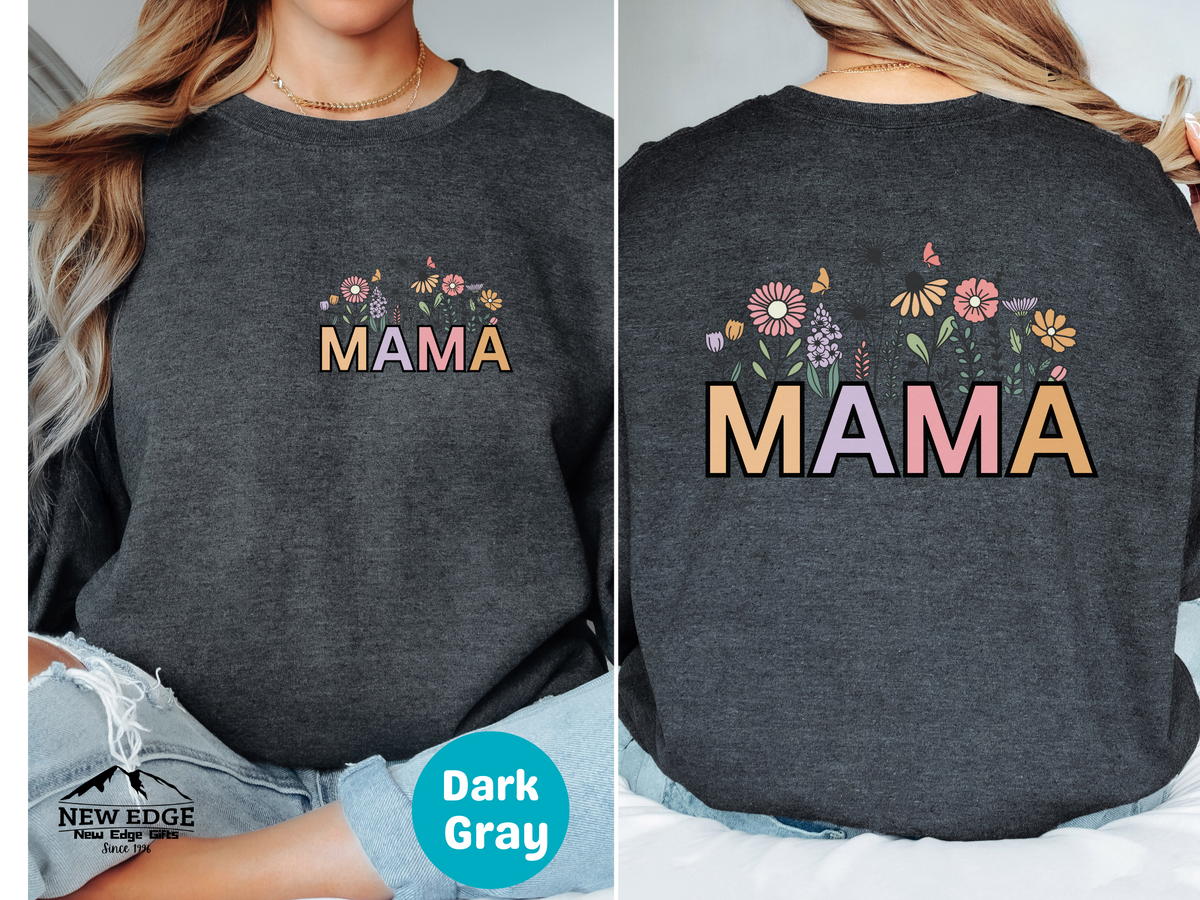 MAMA Retro Letters Sweatshirt – Front & Back Floral Print Design, Vintage Style Cozy Mom Gift