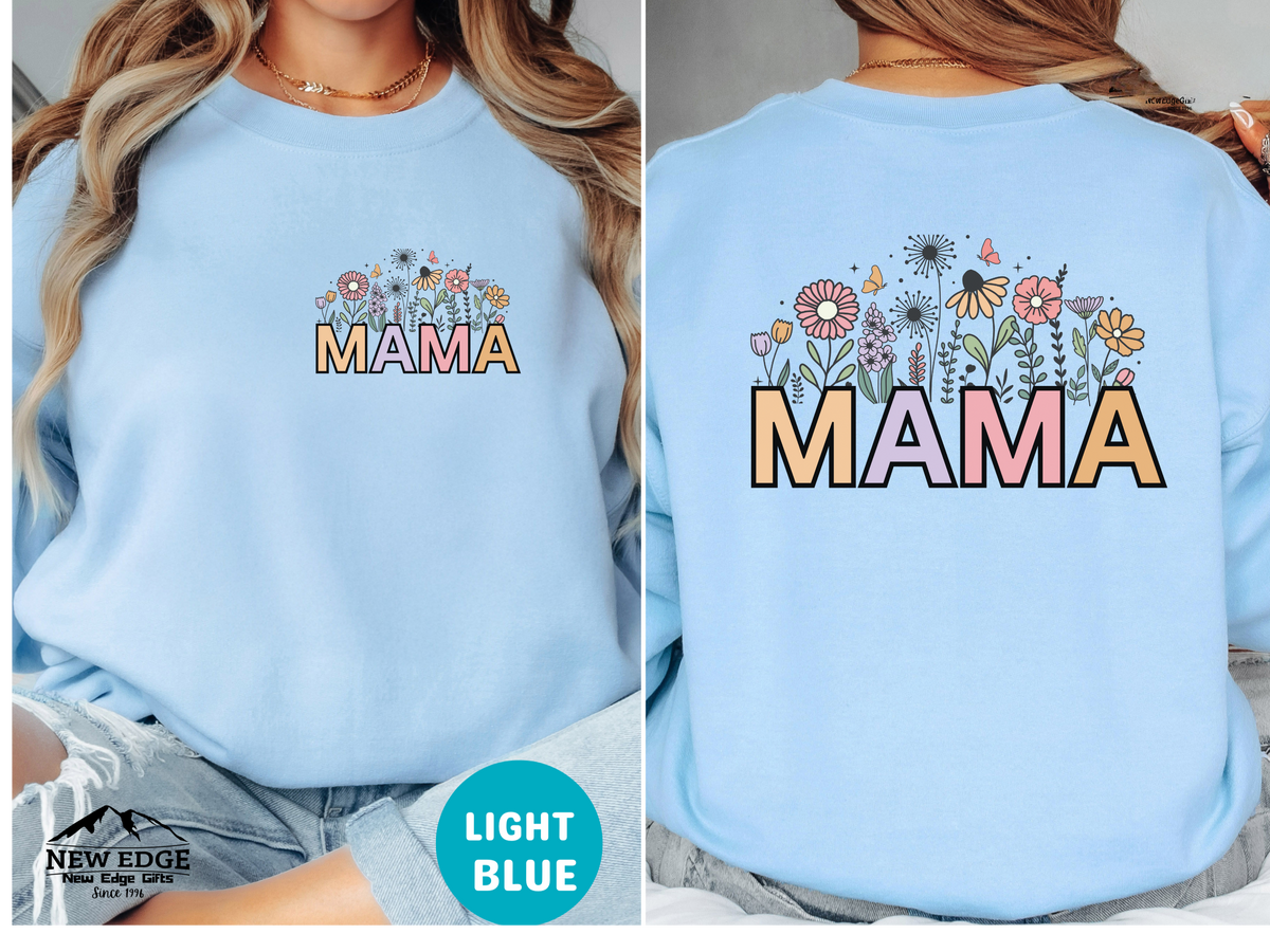 MAMA Retro Letters Sweatshirt – Front & Back Floral Print Design, Vintage Style Cozy Mom Gift