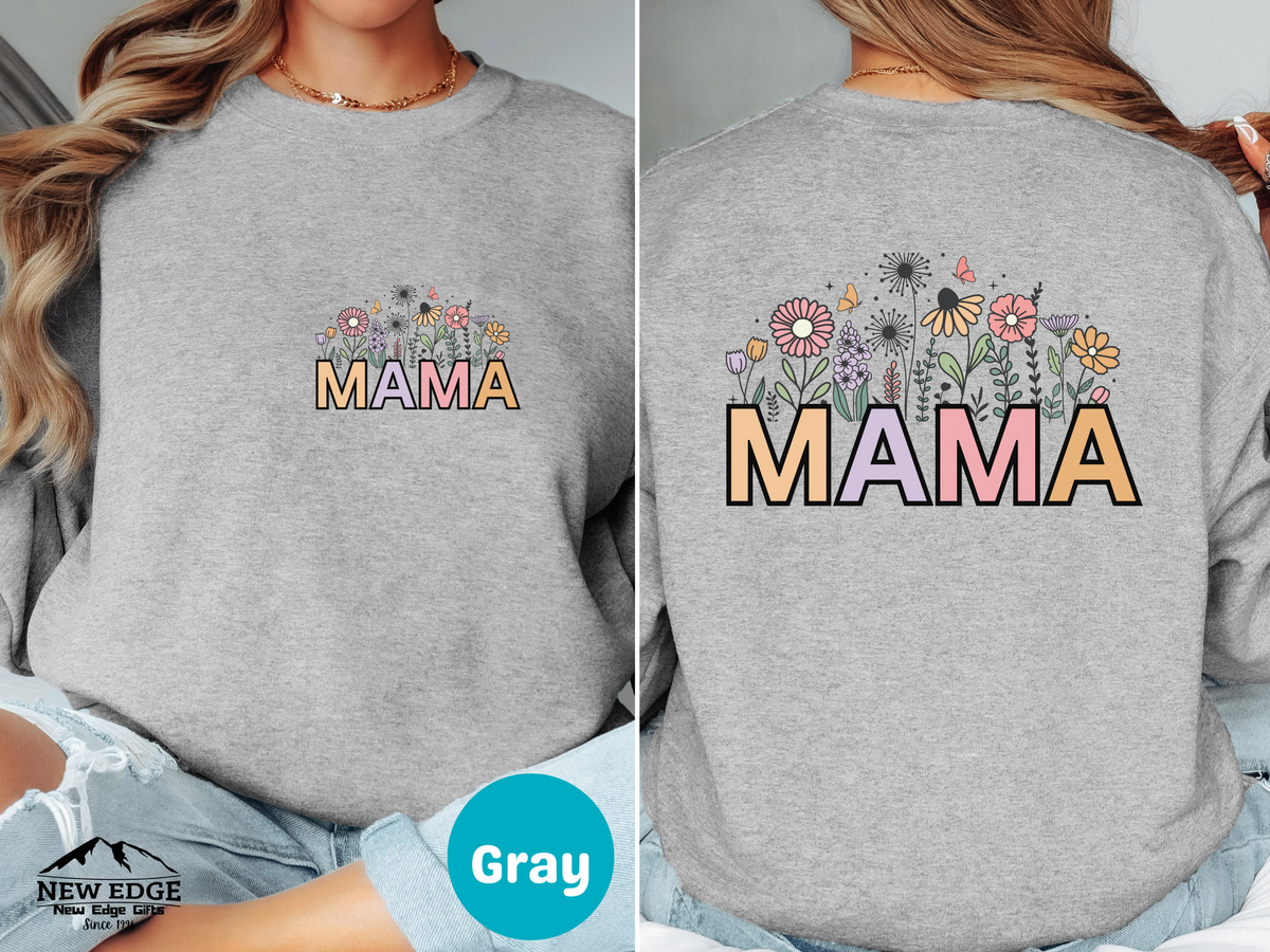 MAMA Retro Letters Sweatshirt – Front & Back Floral Print Design, Vintage Style Cozy Mom Gift