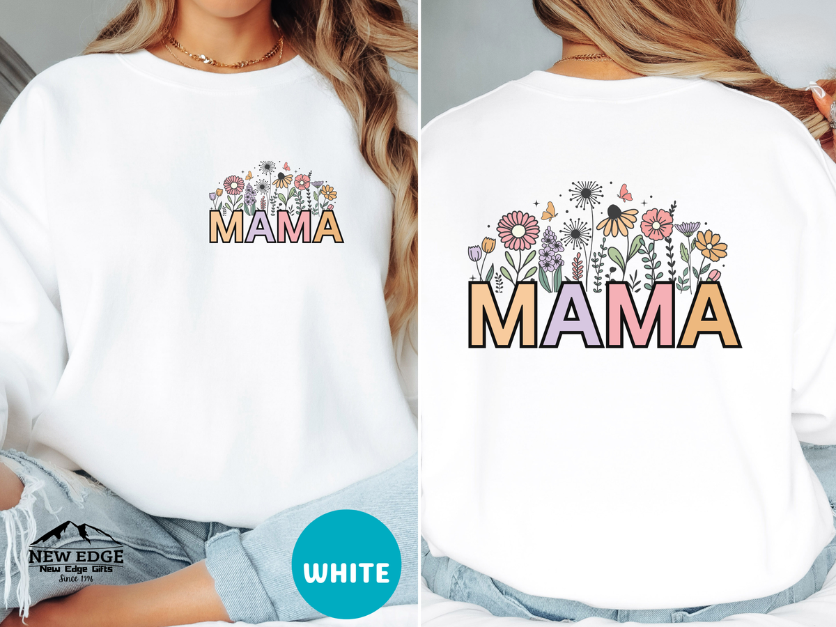 MAMA Retro Letters Sweatshirt – Front & Back Floral Print Design, Vintage Style Cozy Mom Gift