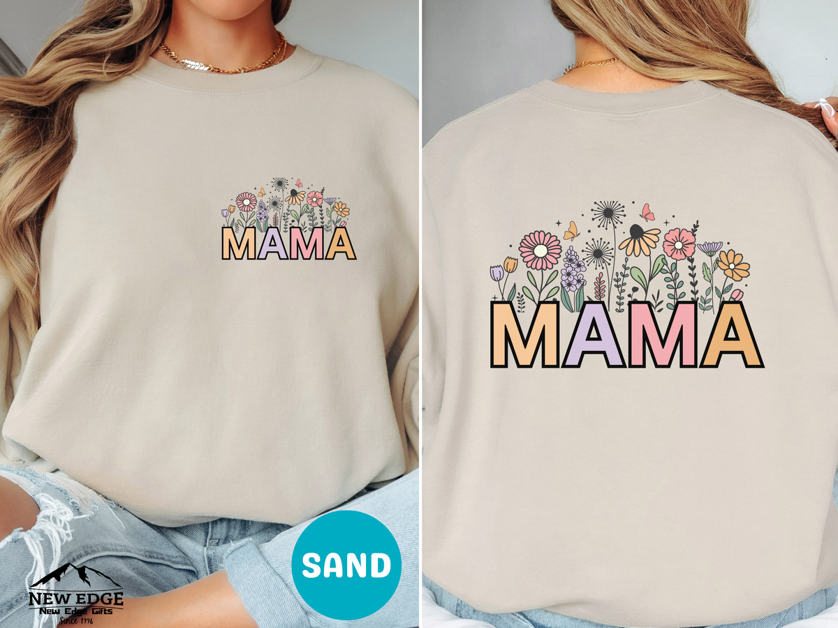 MAMA Retro Letters Sweatshirt – Front & Back Floral Print Design, Vintage Style Cozy Mom Gift