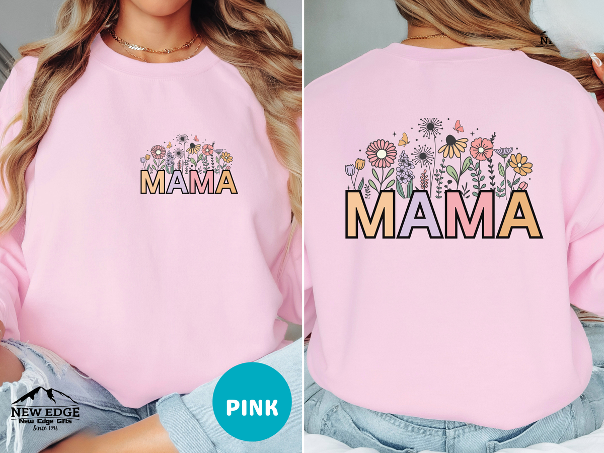 MAMA Retro Letters Sweatshirt – Front & Back Floral Print Design, Vintage Style Cozy Mom Gift
