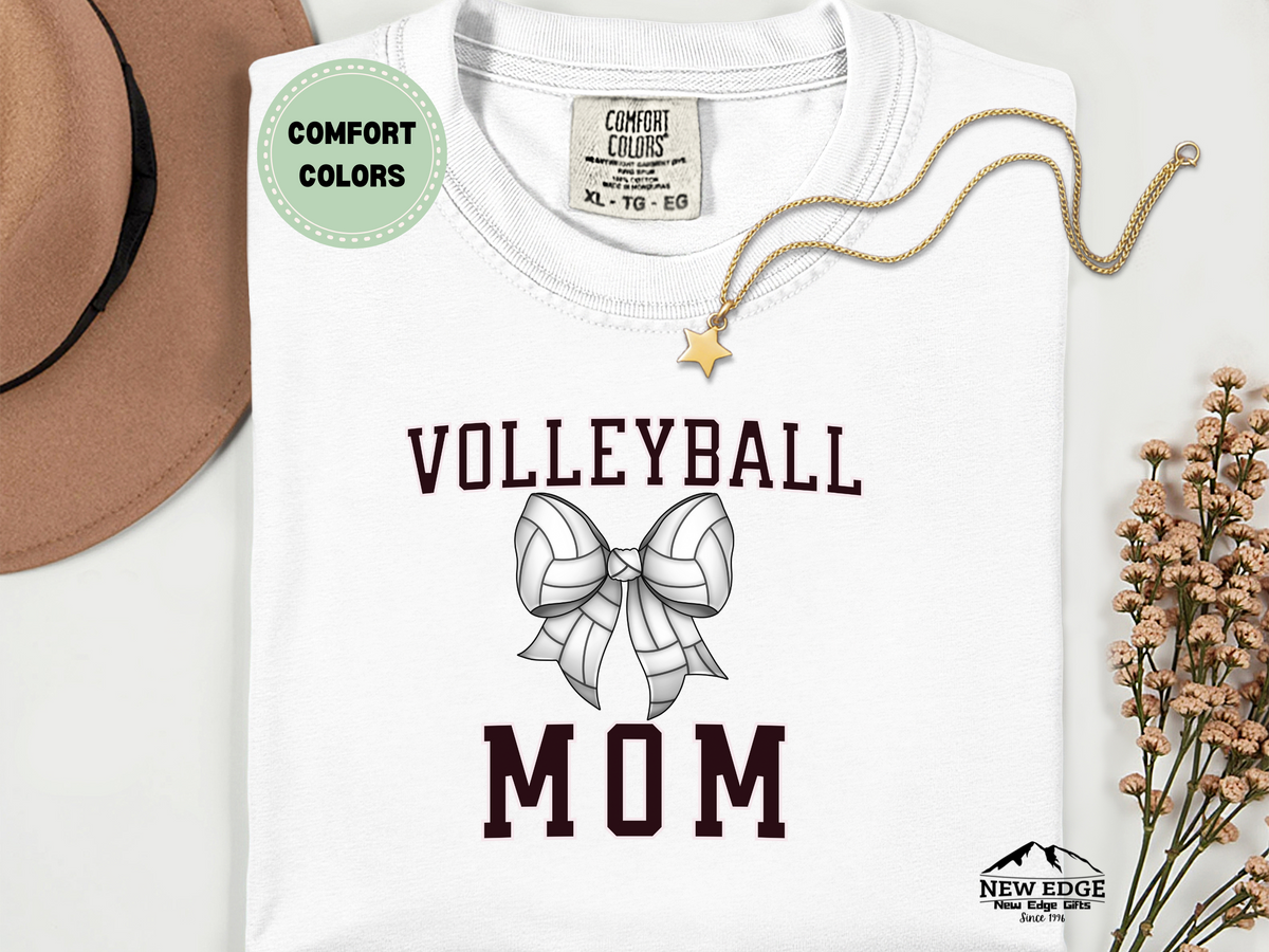 Comfort Colors Volleyball Mom T-Shirt with Bow | Cute Volleyball Graphic Tee for Moms | Game Day Spirit Shirt