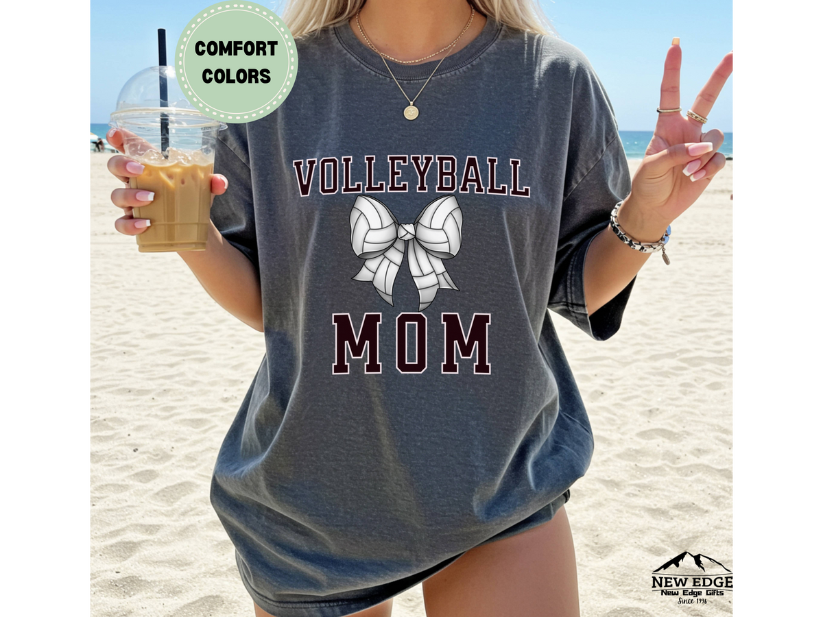 Comfort Colors Volleyball Mom T-Shirt with Bow | Cute Volleyball Graphic Tee for Moms | Game Day Spirit Shirt