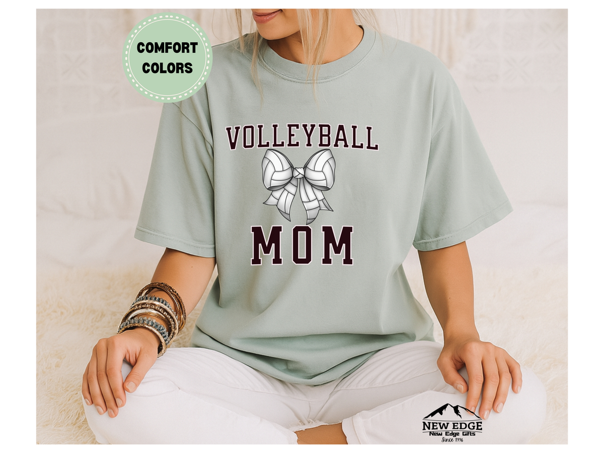 Comfort Colors Volleyball Mom T-Shirt with Bow | Cute Volleyball Graphic Tee for Moms | Game Day Spirit Shirt