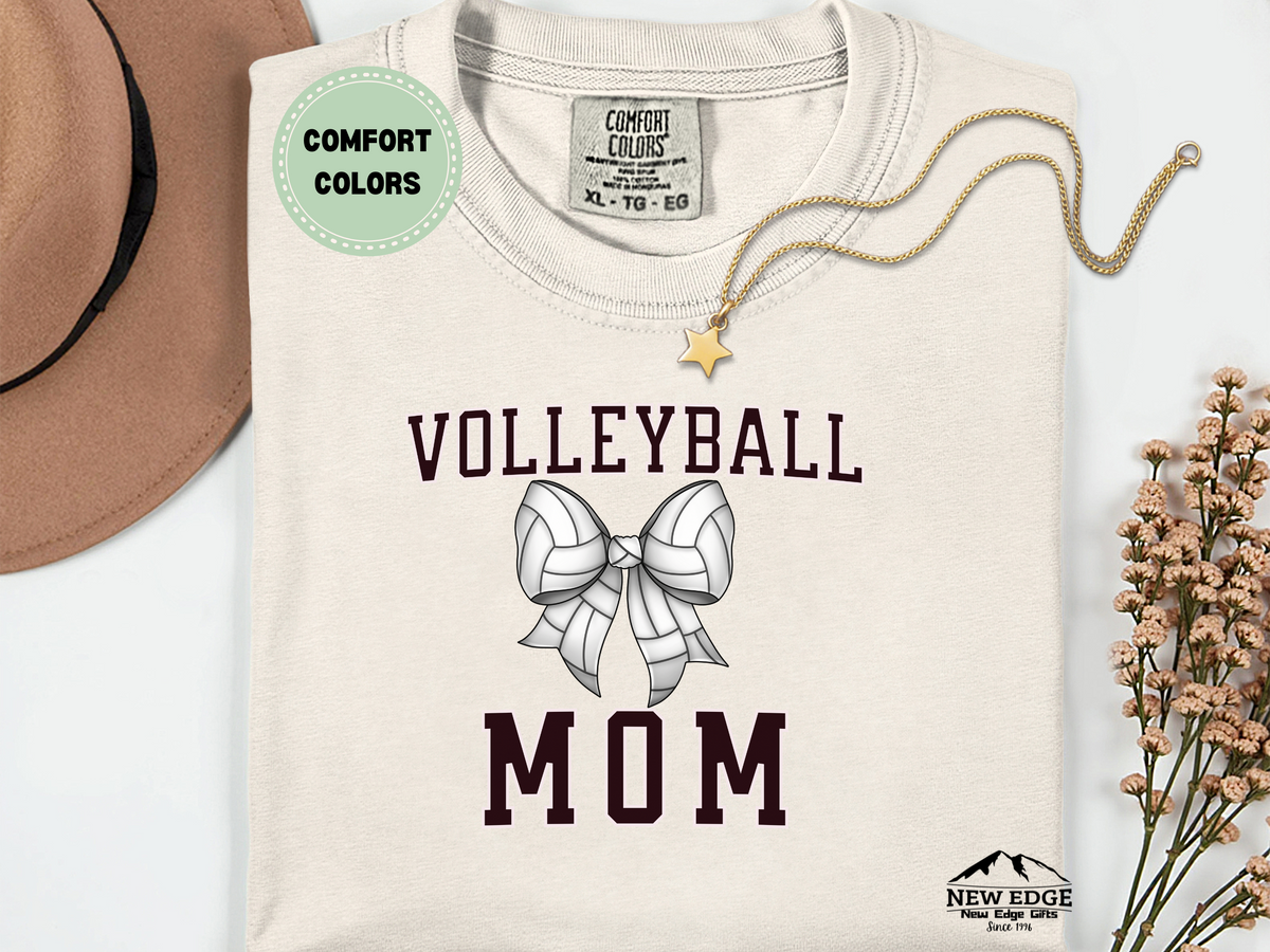Comfort Colors Volleyball Mom T-Shirt with Bow | Cute Volleyball Graphic Tee for Moms | Game Day Spirit Shirt