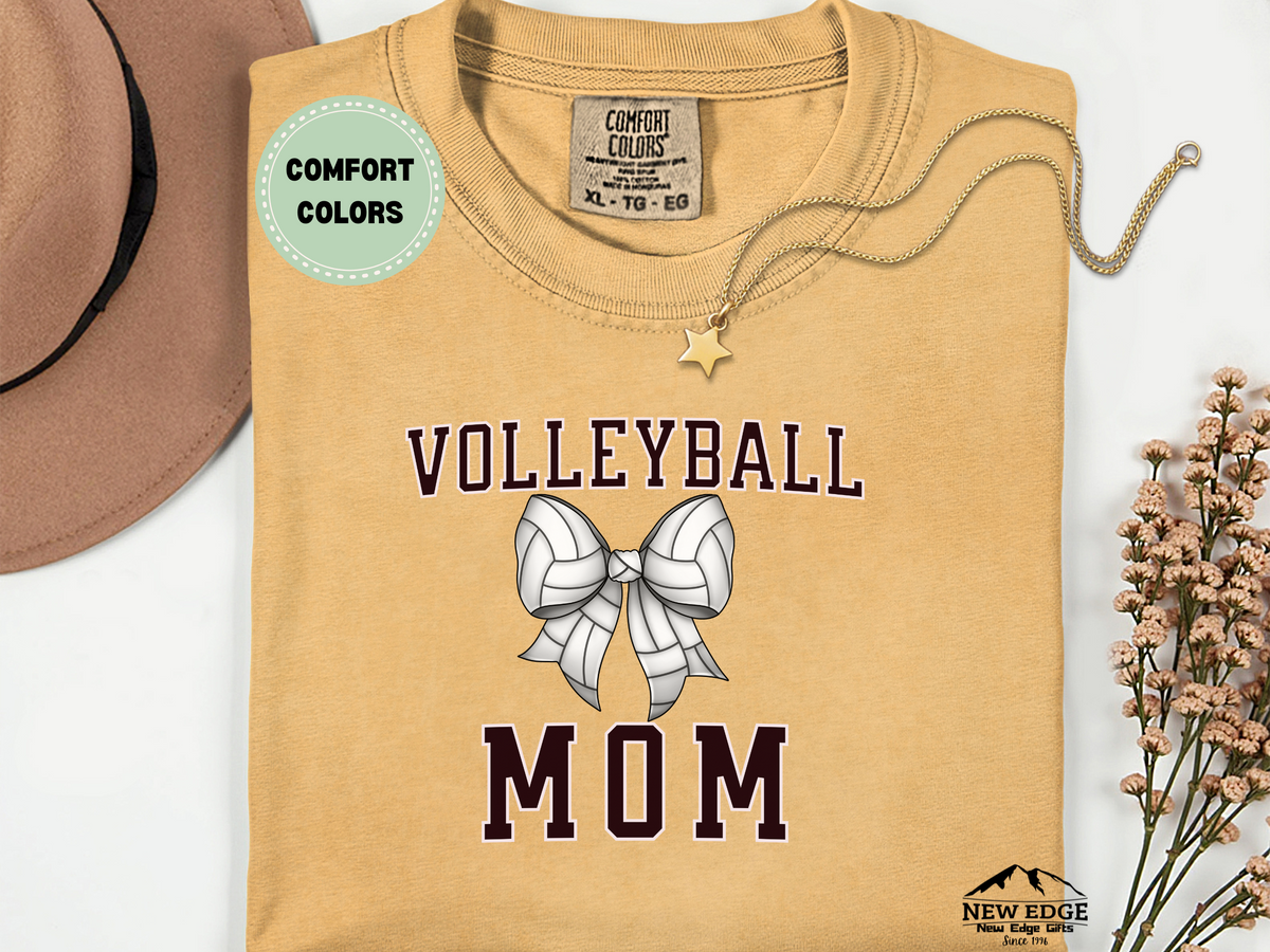 Comfort Colors Volleyball Mom T-Shirt with Bow | Cute Volleyball Graphic Tee for Moms | Game Day Spirit Shirt