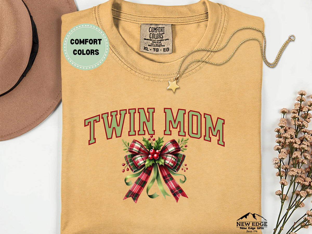 Comfort Colors Twin Mom Christmas T-Shirt with Bow | Holiday Graphic Tee for Moms of Twins | Festive Family Matching Shirt