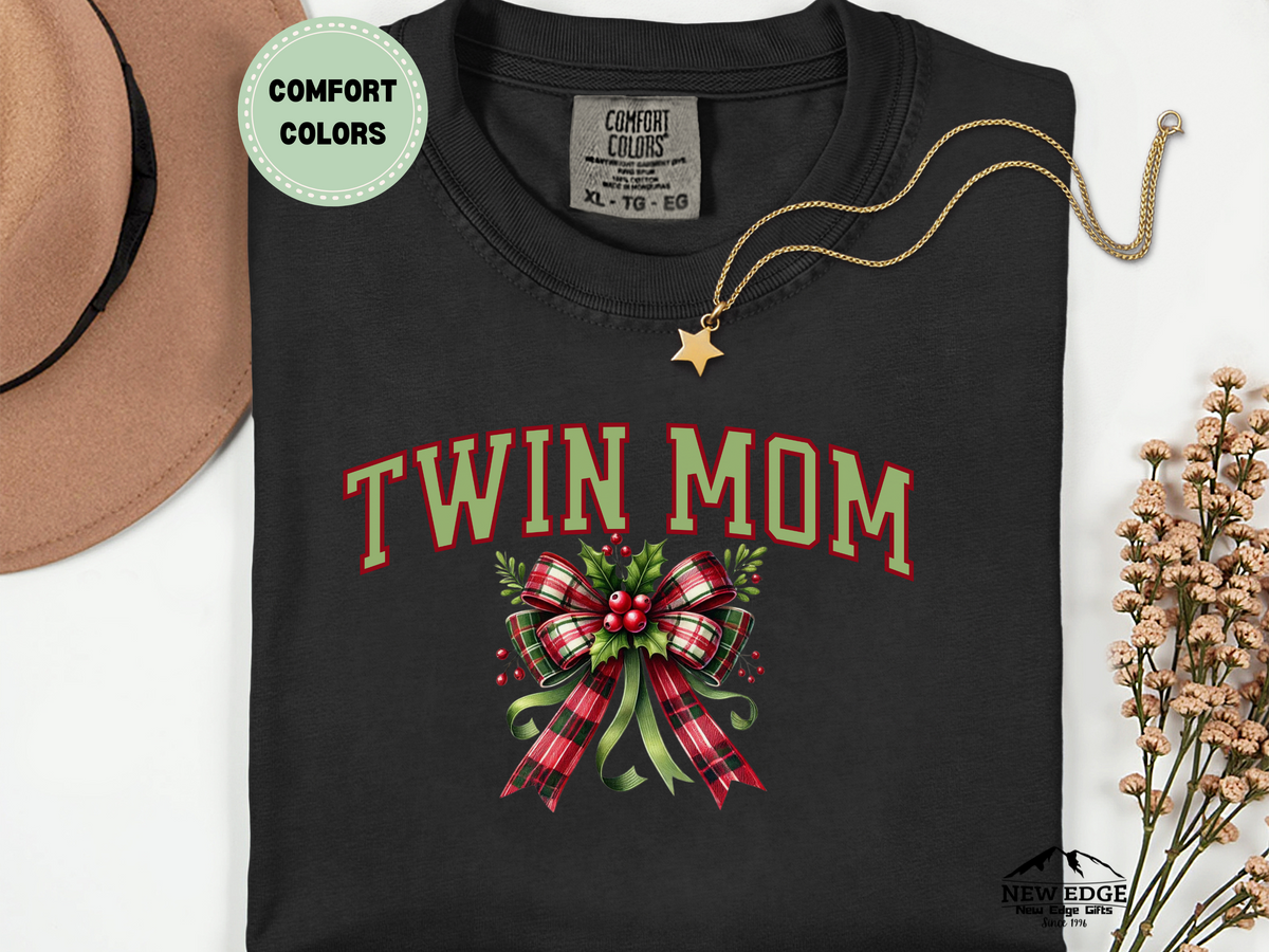 Comfort Colors Twin Mom Christmas T-Shirt with Bow | Holiday Graphic Tee for Moms of Twins | Festive Family Matching Shirt
