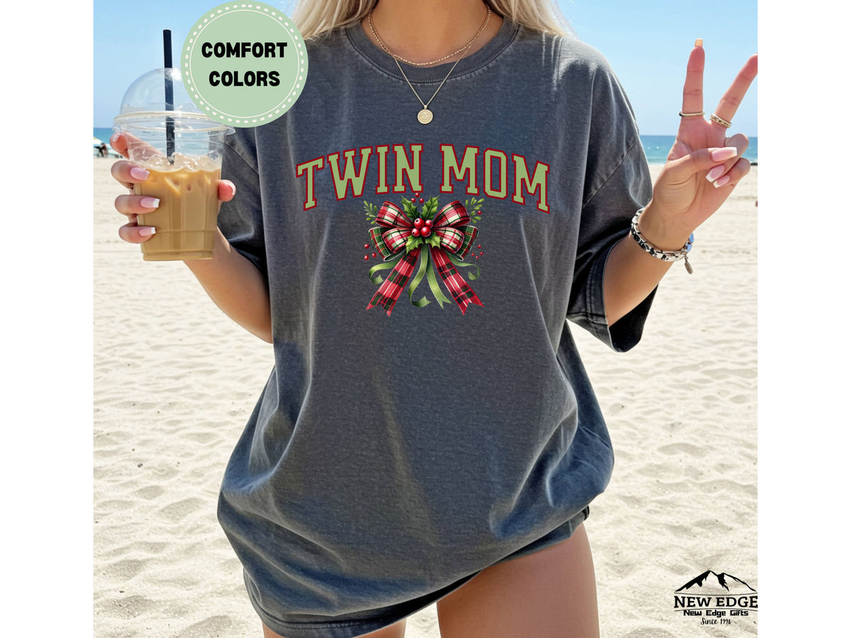 Comfort Colors Twin Mom Christmas T-Shirt with Bow | Holiday Graphic Tee for Moms of Twins | Festive Family Matching Shirt