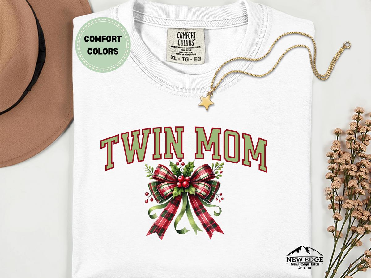 Comfort Colors Twin Mom Christmas T-Shirt with Bow | Holiday Graphic Tee for Moms of Twins | Festive Family Matching Shirt