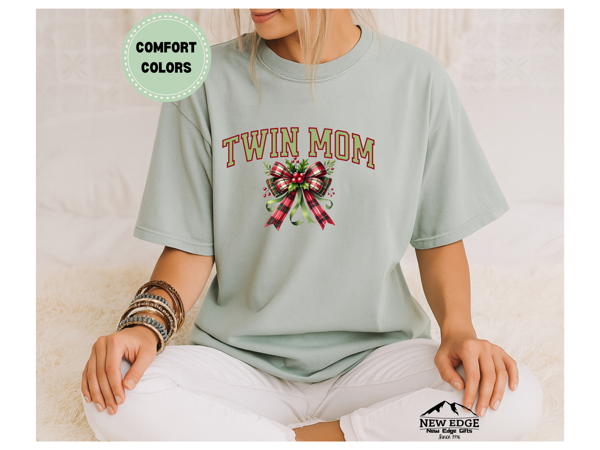 Comfort Colors Twin Mom Christmas T-Shirt with Bow | Holiday Graphic Tee for Moms of Twins | Festive Family Matching Shirt