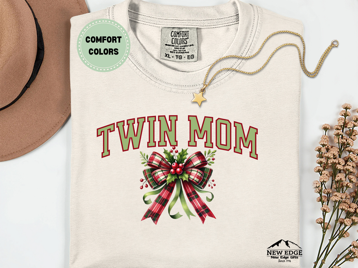 Comfort Colors Twin Mom Christmas T-Shirt with Bow | Holiday Graphic Tee for Moms of Twins | Festive Family Matching Shirt