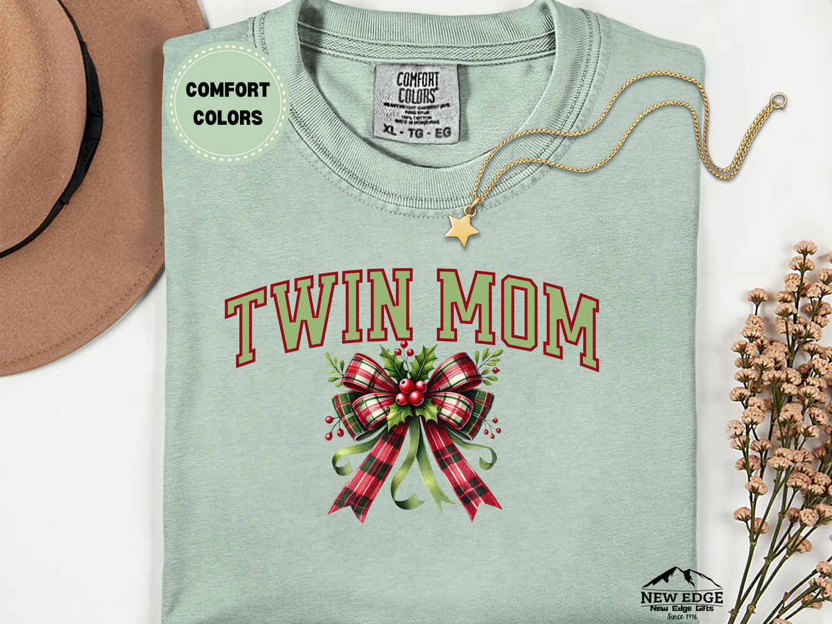 Comfort Colors Twin Mom Christmas T-Shirt with Bow | Holiday Graphic Tee for Moms of Twins | Festive Family Matching Shirt