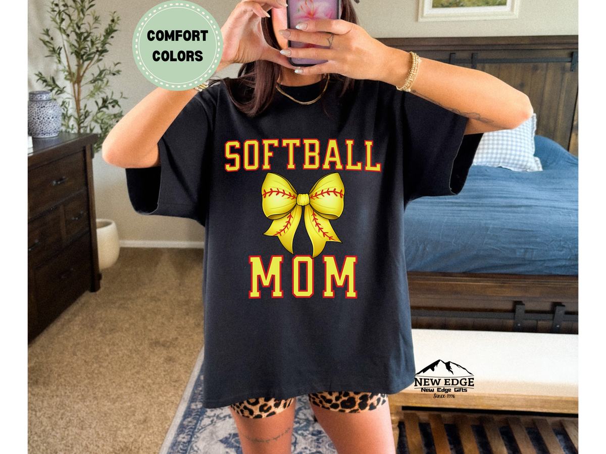 Comfort Colors Softball Mom T-Shirt with Bow | Cute Game Day Graphic Tee | Softball Spirit Wear for Moms
