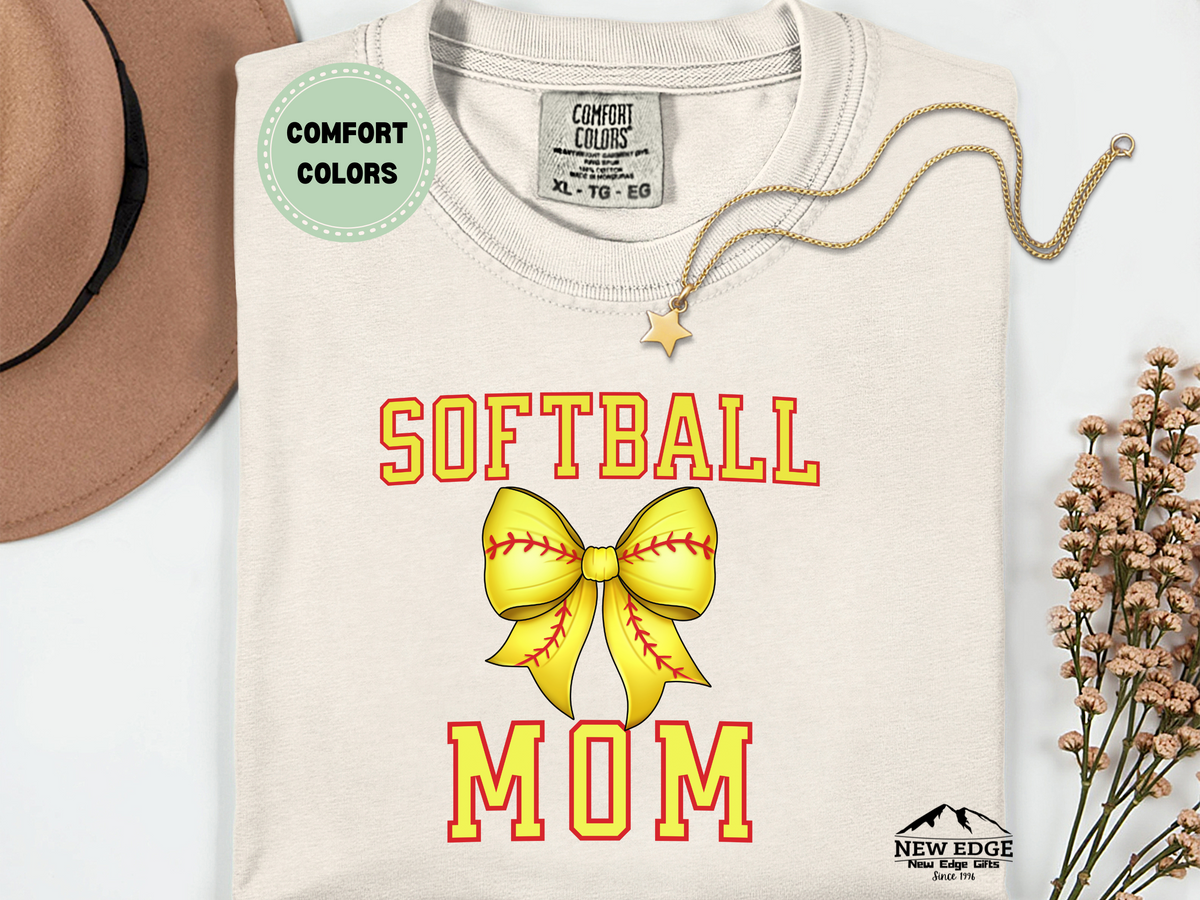 Comfort Colors Softball Mom T-Shirt with Bow | Cute Game Day Graphic Tee | Softball Spirit Wear for Moms