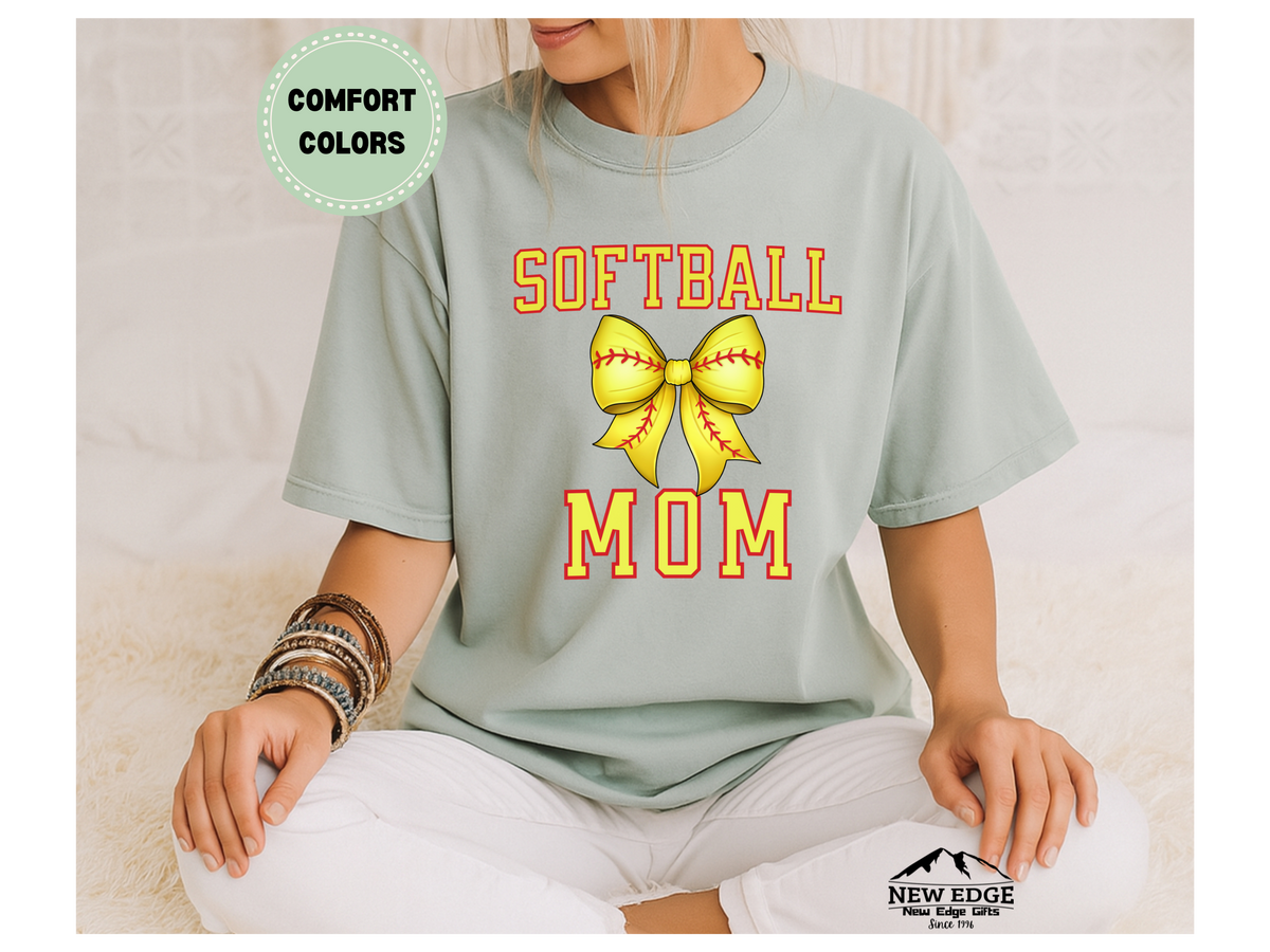 Comfort Colors Softball Mom T-Shirt with Bow | Cute Game Day Graphic Tee | Softball Spirit Wear for Moms