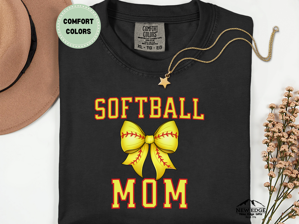 Comfort Colors Softball Mom T-Shirt with Bow | Cute Game Day Graphic Tee | Softball Spirit Wear for Moms