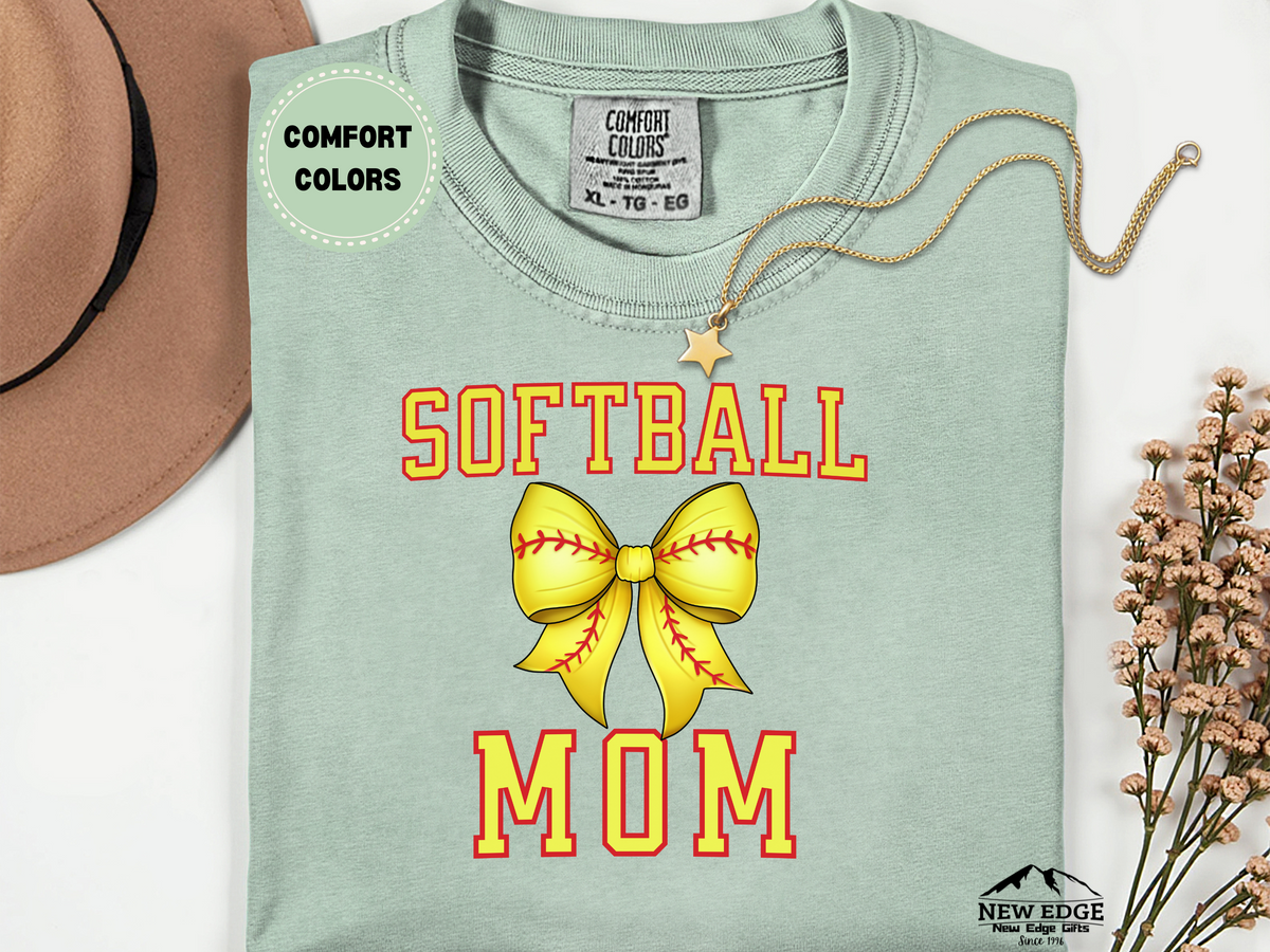Comfort Colors Softball Mom T-Shirt with Bow | Cute Game Day Graphic Tee | Softball Spirit Wear for Moms
