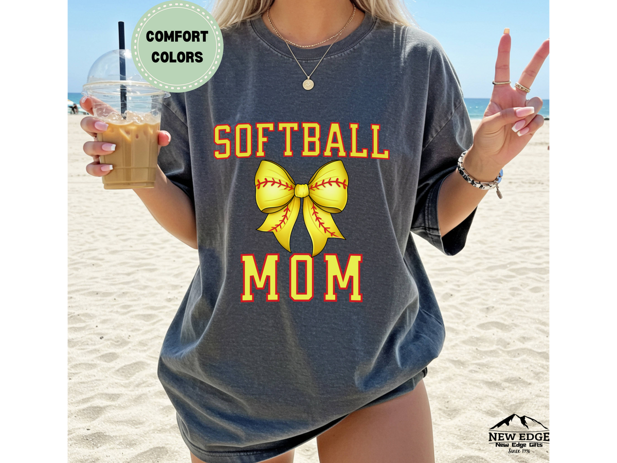 Comfort Colors Softball Mom T-Shirt with Bow | Cute Game Day Graphic Tee | Softball Spirit Wear for Moms