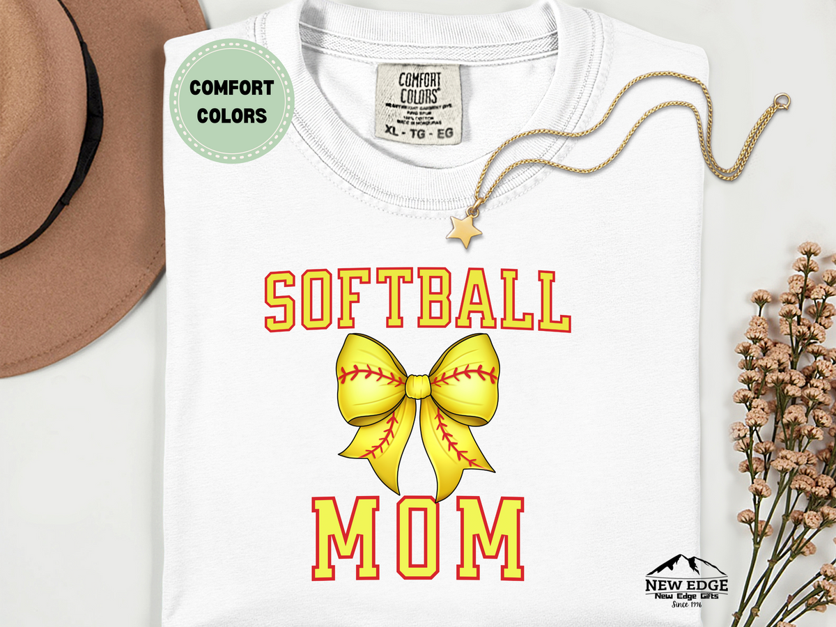 Comfort Colors Softball Mom T-Shirt with Bow | Cute Game Day Graphic Tee | Softball Spirit Wear for Moms