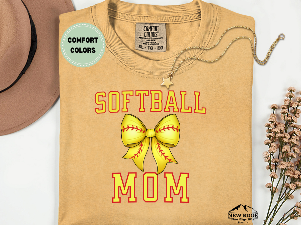 Comfort Colors Softball Mom T-Shirt with Bow | Cute Game Day Graphic Tee | Softball Spirit Wear for Moms