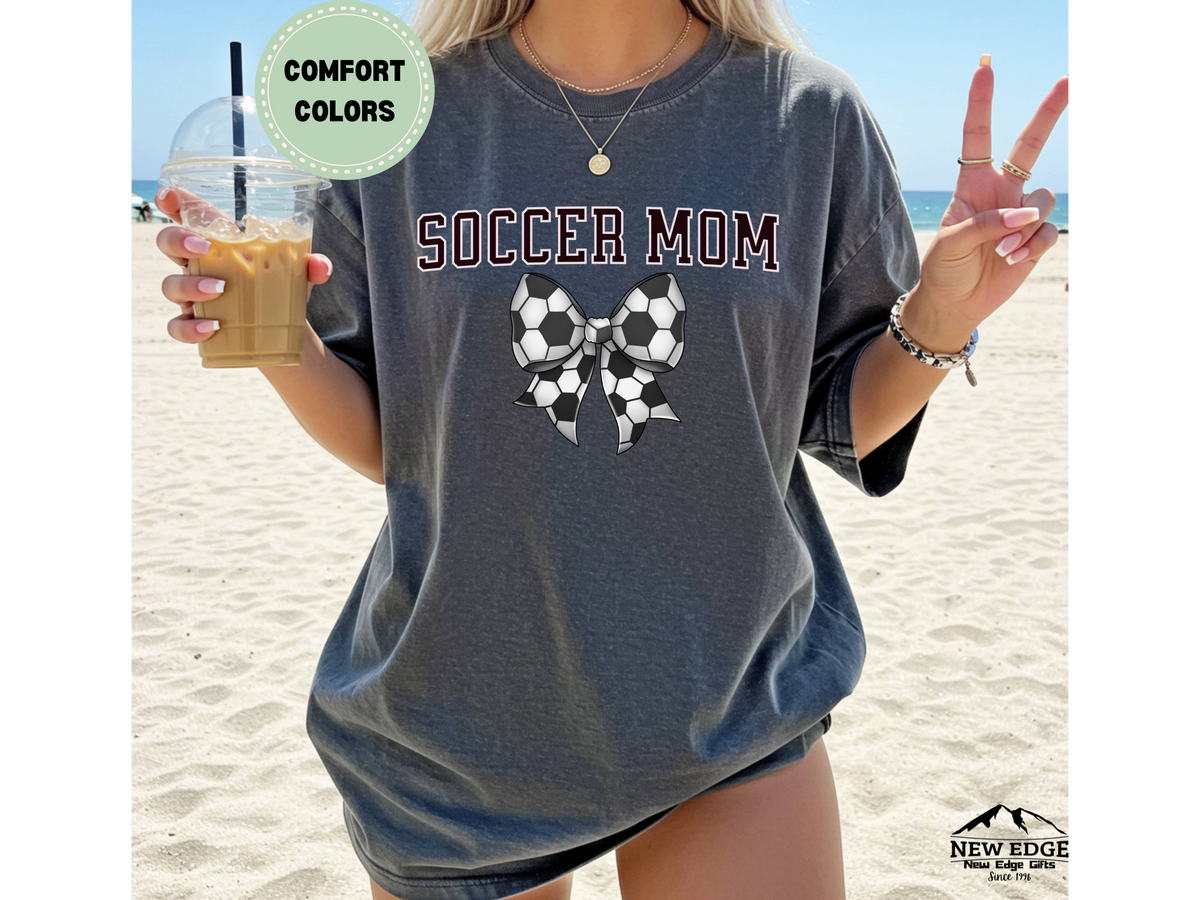 Comfort Colors Soccer Mom T-Shirt with Soccer Ball Bow | Game Day Sports Graphic Tee