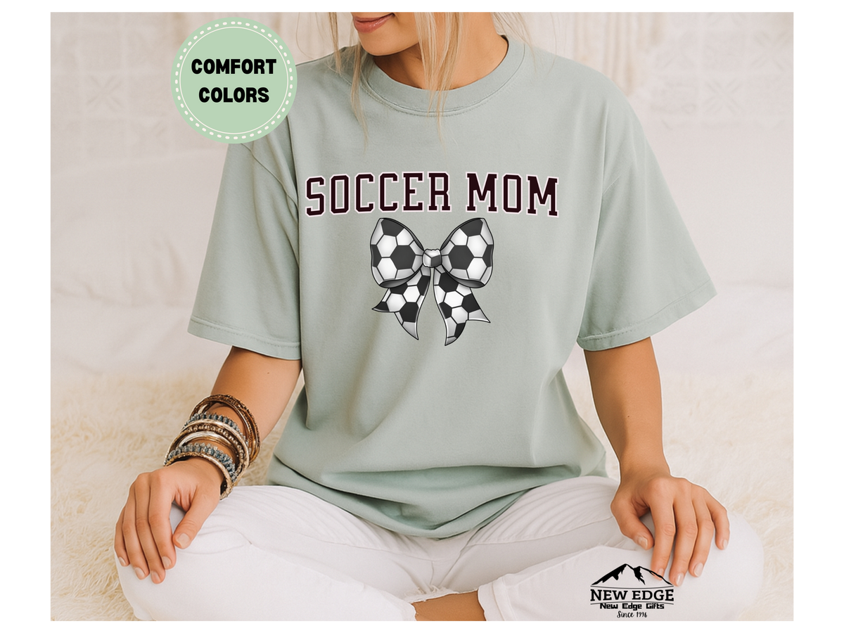 Comfort Colors Soccer Mom T-Shirt with Soccer Ball Bow | Game Day Sports Graphic Tee