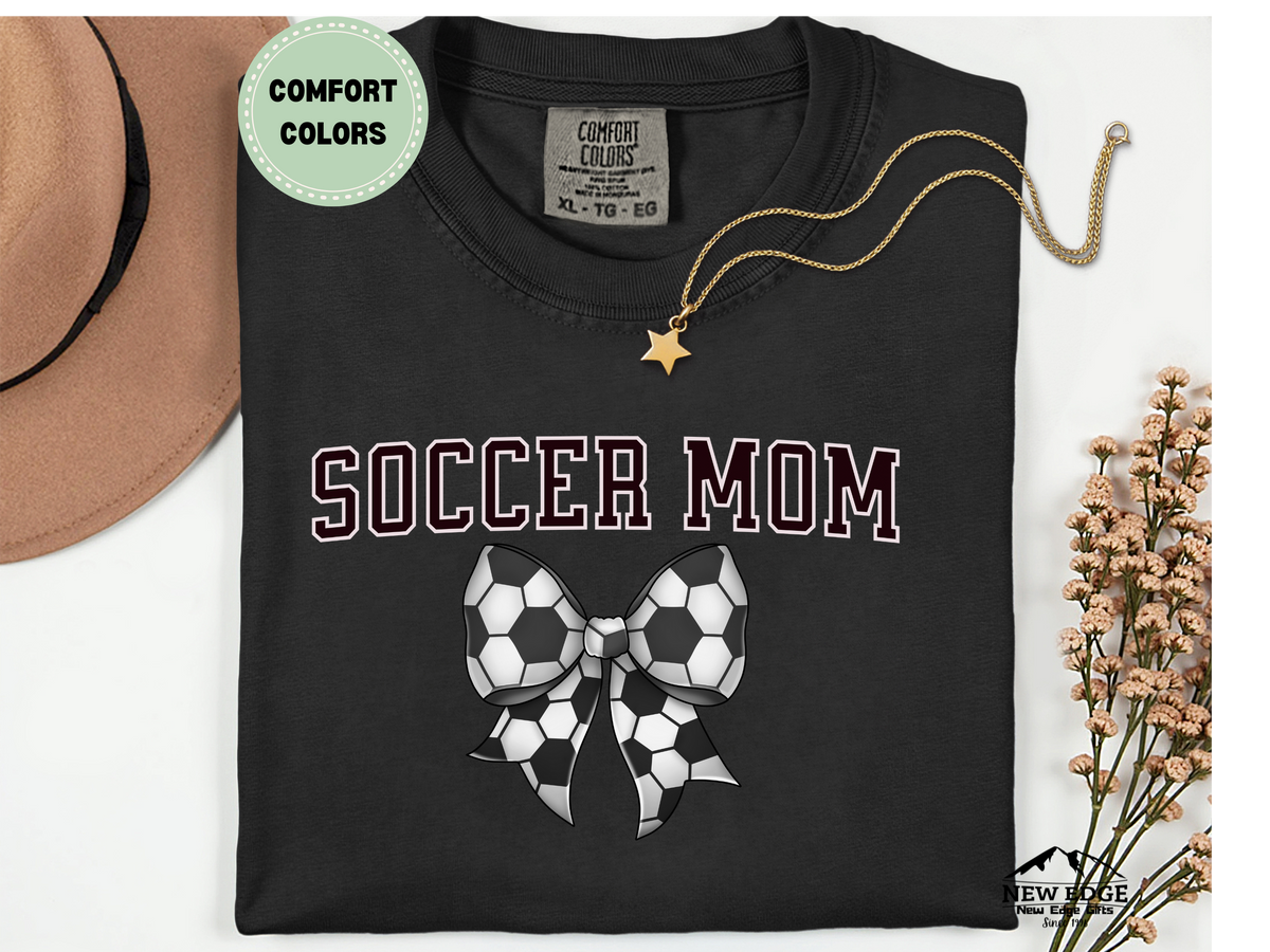 Comfort Colors Soccer Mom T-Shirt with Soccer Ball Bow | Game Day Sports Graphic Tee