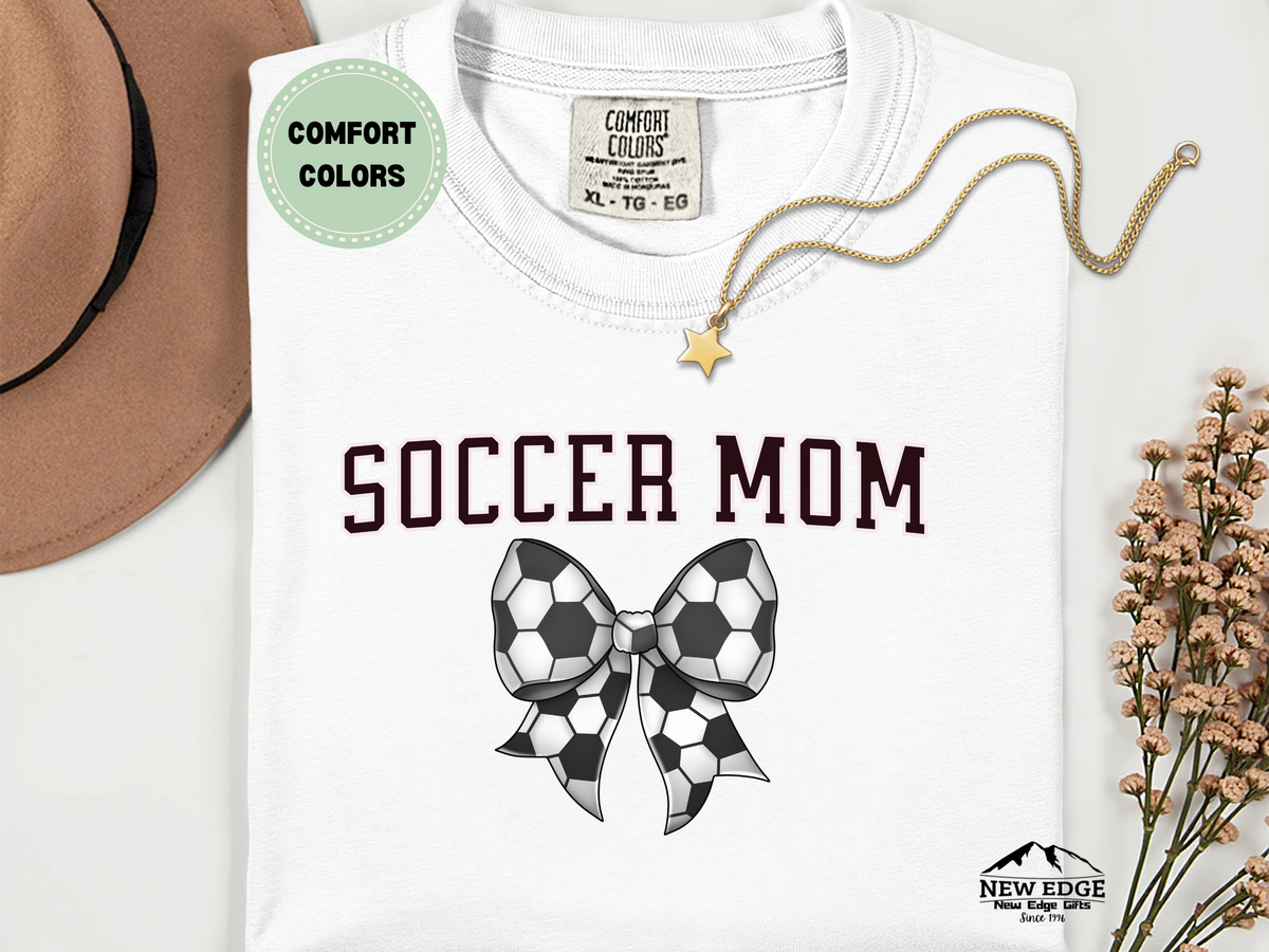 Comfort Colors Soccer Mom T-Shirt with Soccer Ball Bow | Game Day Sports Graphic Tee