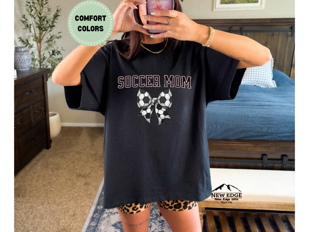 Comfort Colors Soccer Mom T-Shirt with Soccer Ball Bow | Game Day Sports Graphic Tee