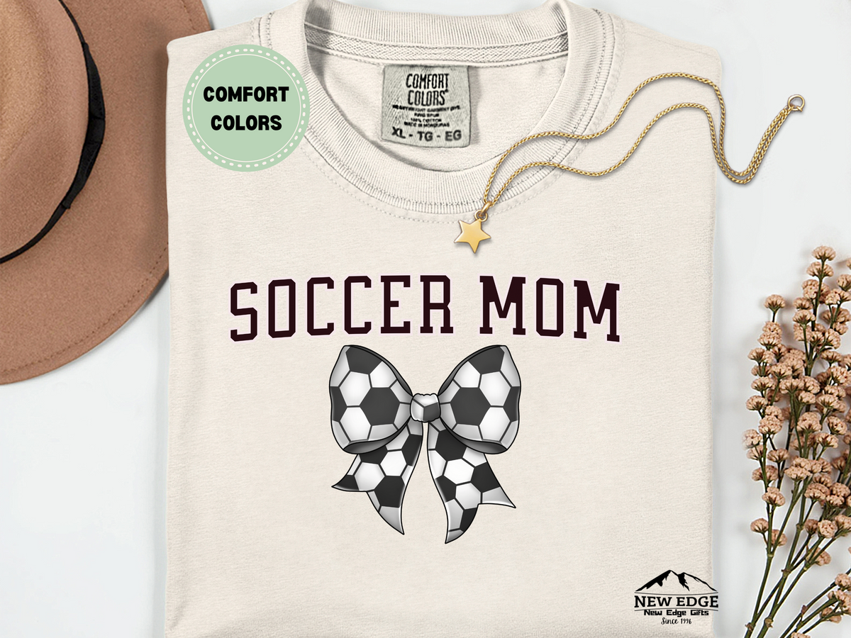 Comfort Colors Soccer Mom T-Shirt with Soccer Ball Bow | Game Day Sports Graphic Tee