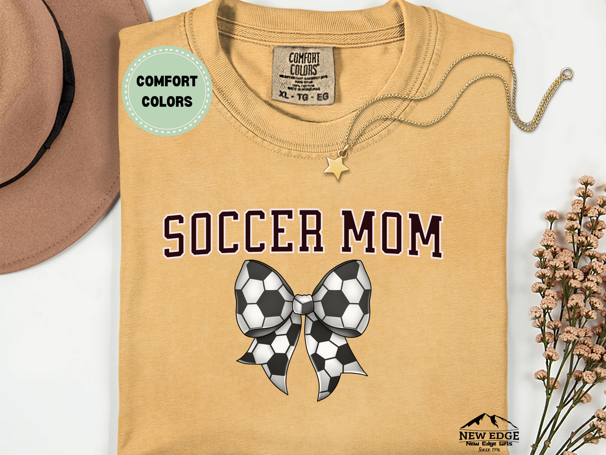 Comfort Colors Soccer Mom T-Shirt with Soccer Ball Bow | Game Day Sports Graphic Tee