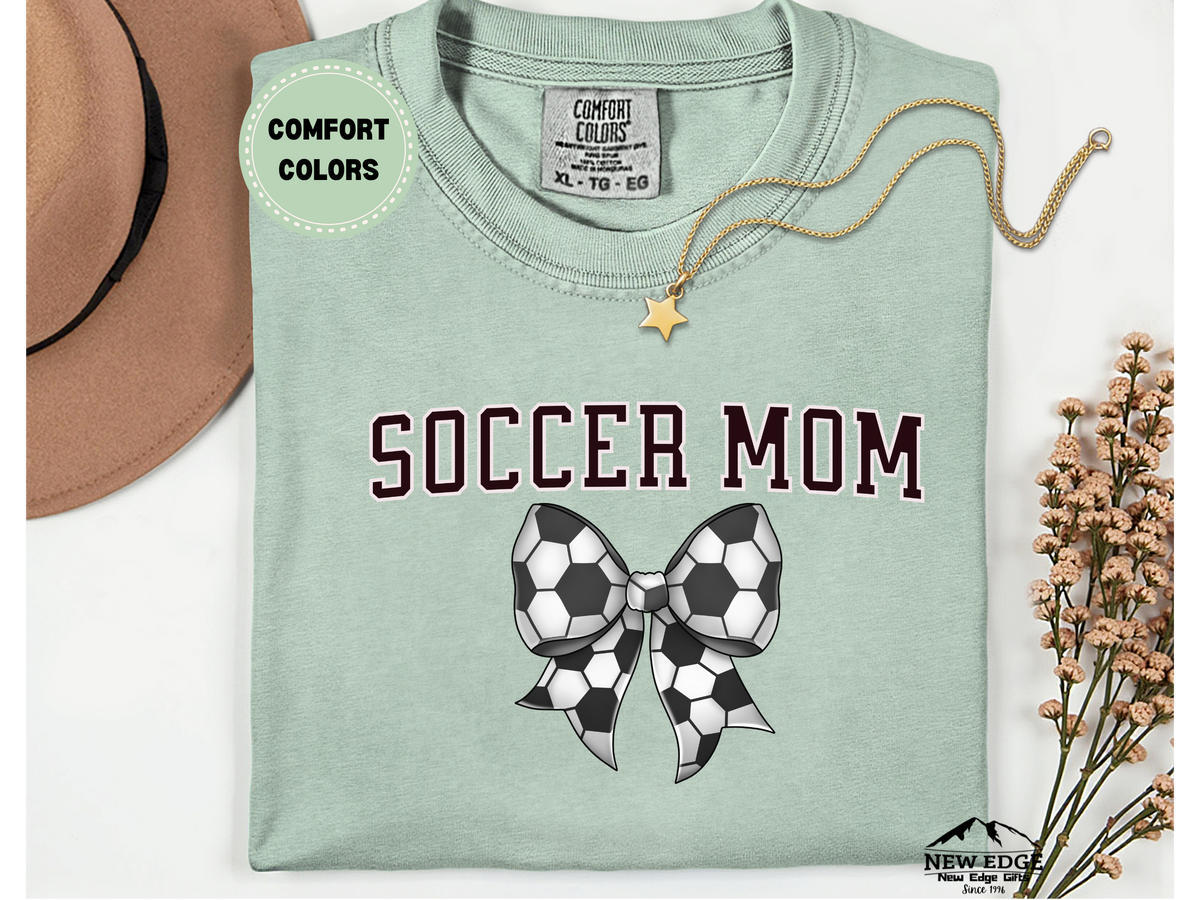 Comfort Colors Soccer Mom T-Shirt with Soccer Ball Bow | Game Day Sports Graphic Tee