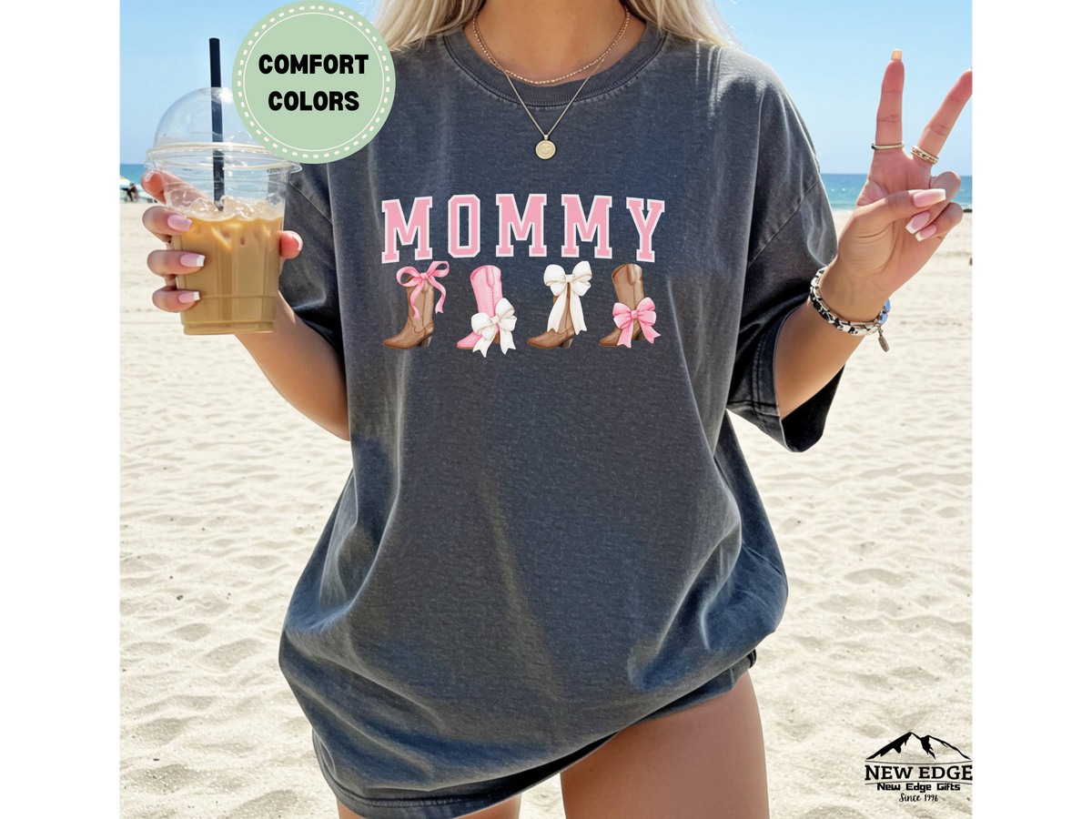 Comfort Colors Mommy T-Shirt with Boots and Bows | Cute Western Cowgirl Mom Graphic Tee