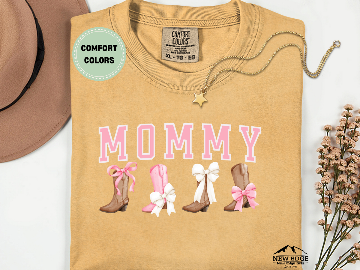 Comfort Colors Mommy T-Shirt with Boots and Bows | Cute Western Cowgirl Mom Graphic Tee