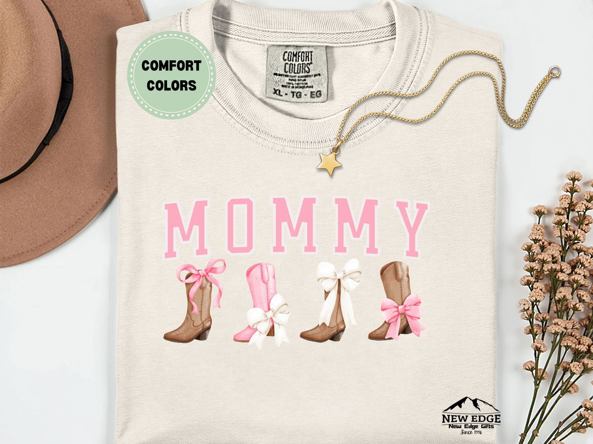 Comfort Colors Mommy T-Shirt with Boots and Bows | Cute Western Cowgirl Mom Graphic Tee