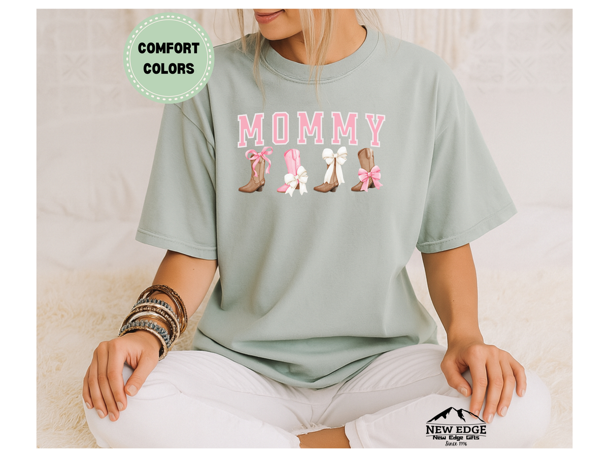 Comfort Colors Mommy T-Shirt with Boots and Bows | Cute Western Cowgirl Mom Graphic Tee