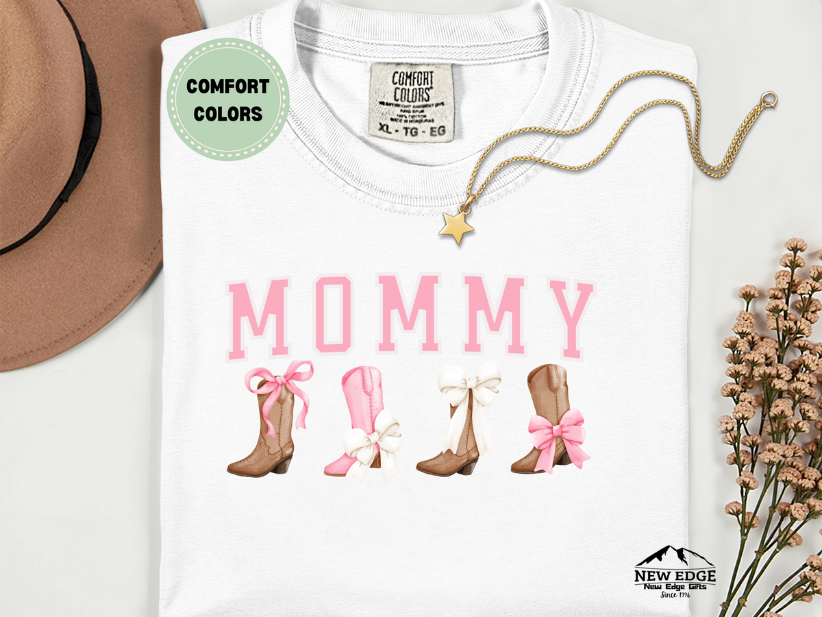 Comfort Colors Mommy T-Shirt with Boots and Bows | Cute Western Cowgirl Mom Graphic Tee