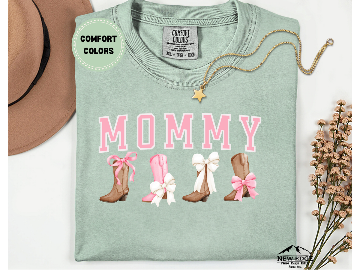 Comfort Colors Mommy T-Shirt with Boots and Bows | Cute Western Cowgirl Mom Graphic Tee