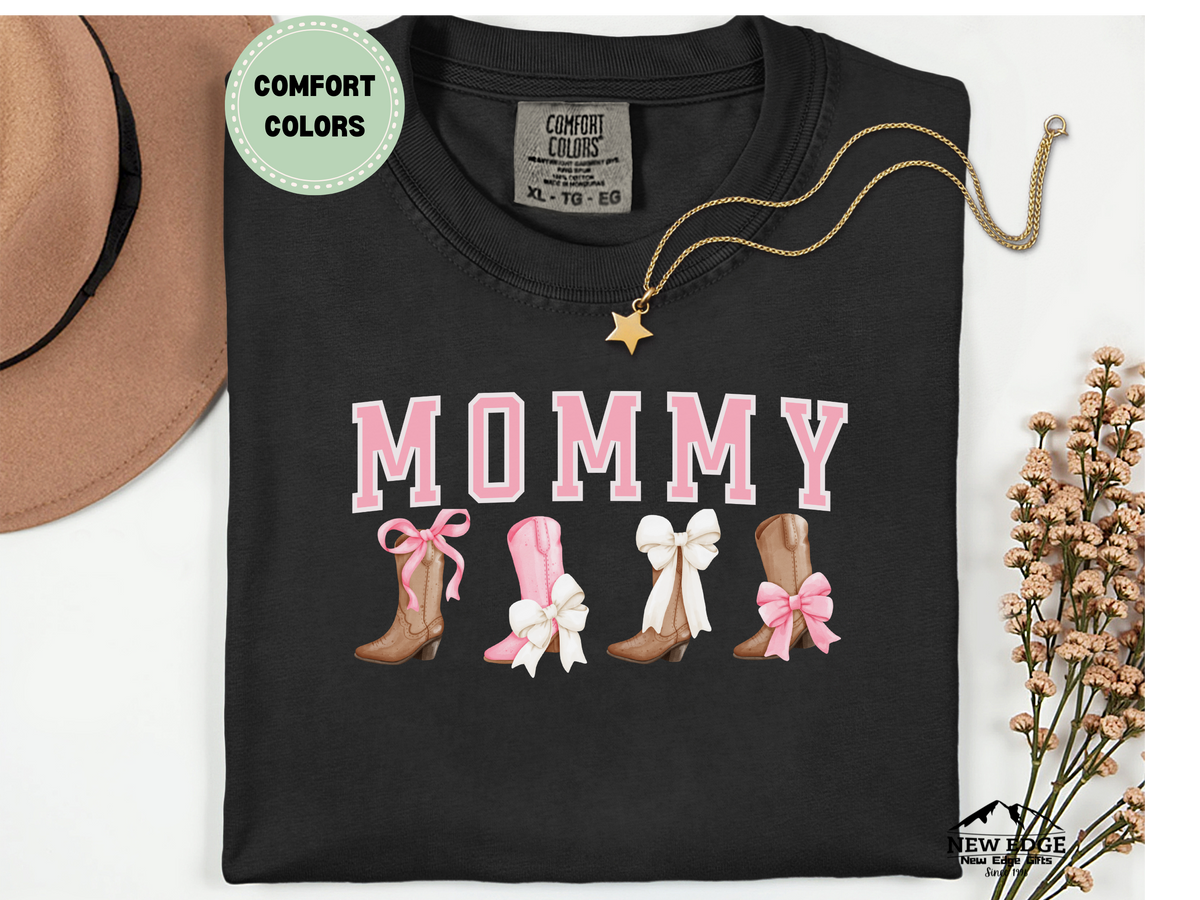 Comfort Colors Mommy T-Shirt with Boots and Bows | Cute Western Cowgirl Mom Graphic Tee