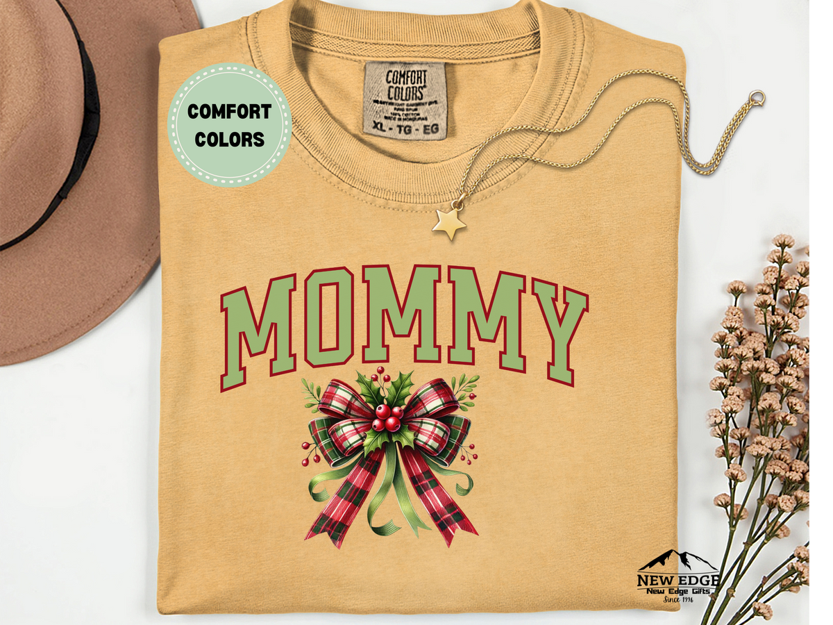 Comfort Colors Mommy Christmas Bow T-Shirt | Holiday Mom Life Graphic Tee