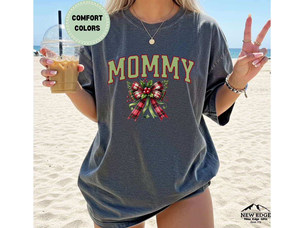 Comfort Colors Mommy Christmas Bow T-Shirt | Holiday Mom Life Graphic Tee