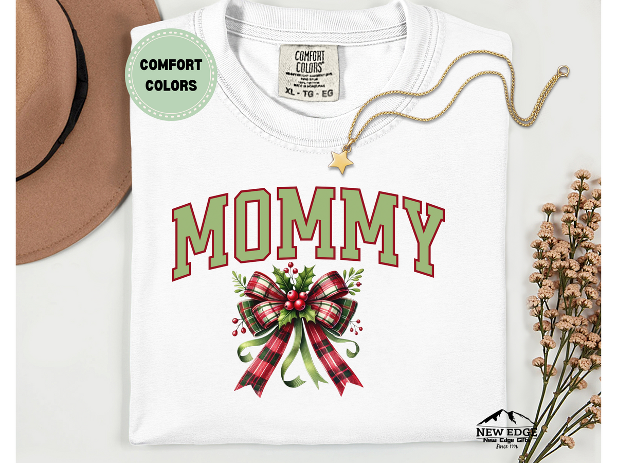 Comfort Colors Mommy Christmas Bow T-Shirt | Holiday Mom Life Graphic Tee