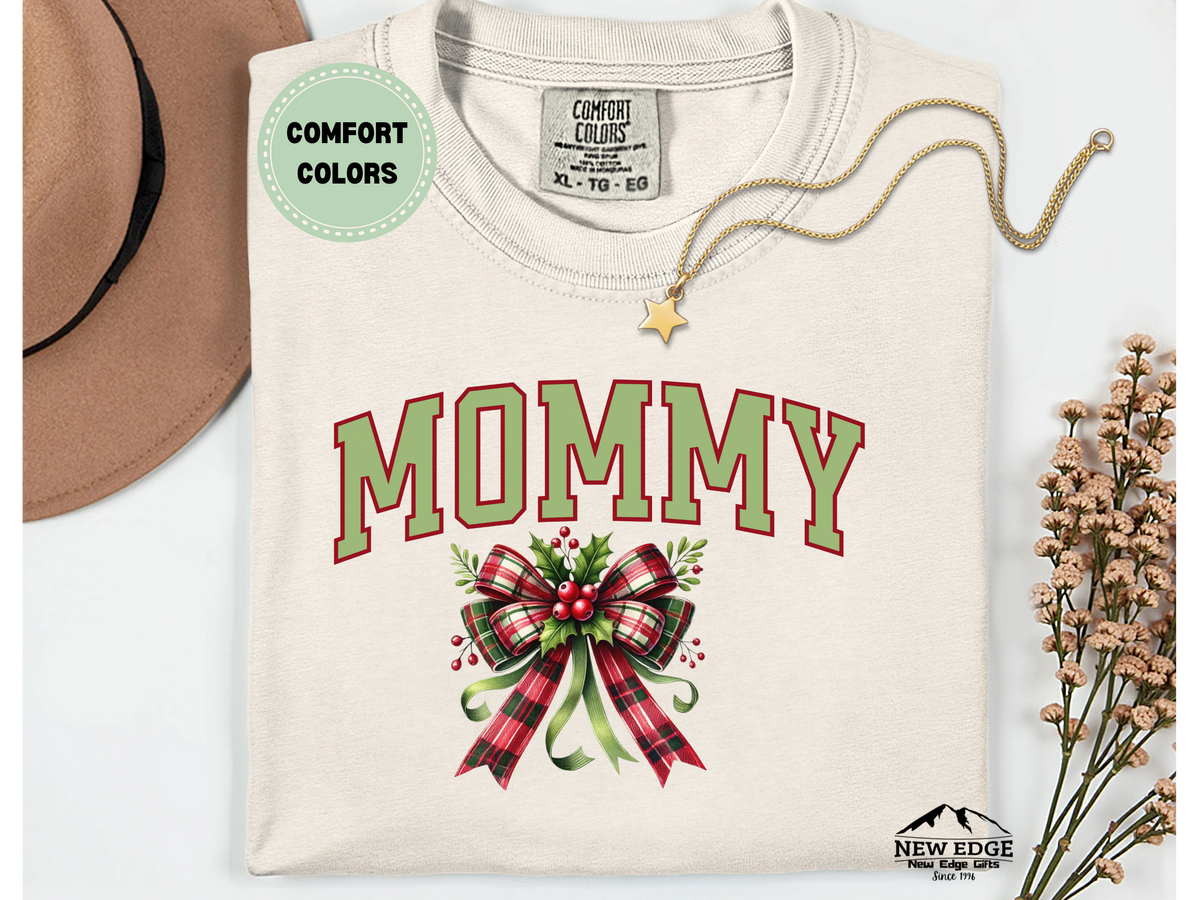 Comfort Colors Mommy Christmas Bow T-Shirt | Holiday Mom Life Graphic Tee