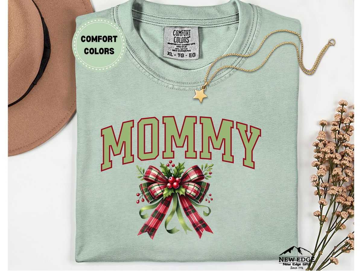 Comfort Colors Mommy Christmas Bow T-Shirt | Holiday Mom Life Graphic Tee