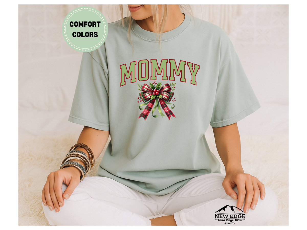 Comfort Colors Mommy Christmas Bow T-Shirt | Holiday Mom Life Graphic Tee
