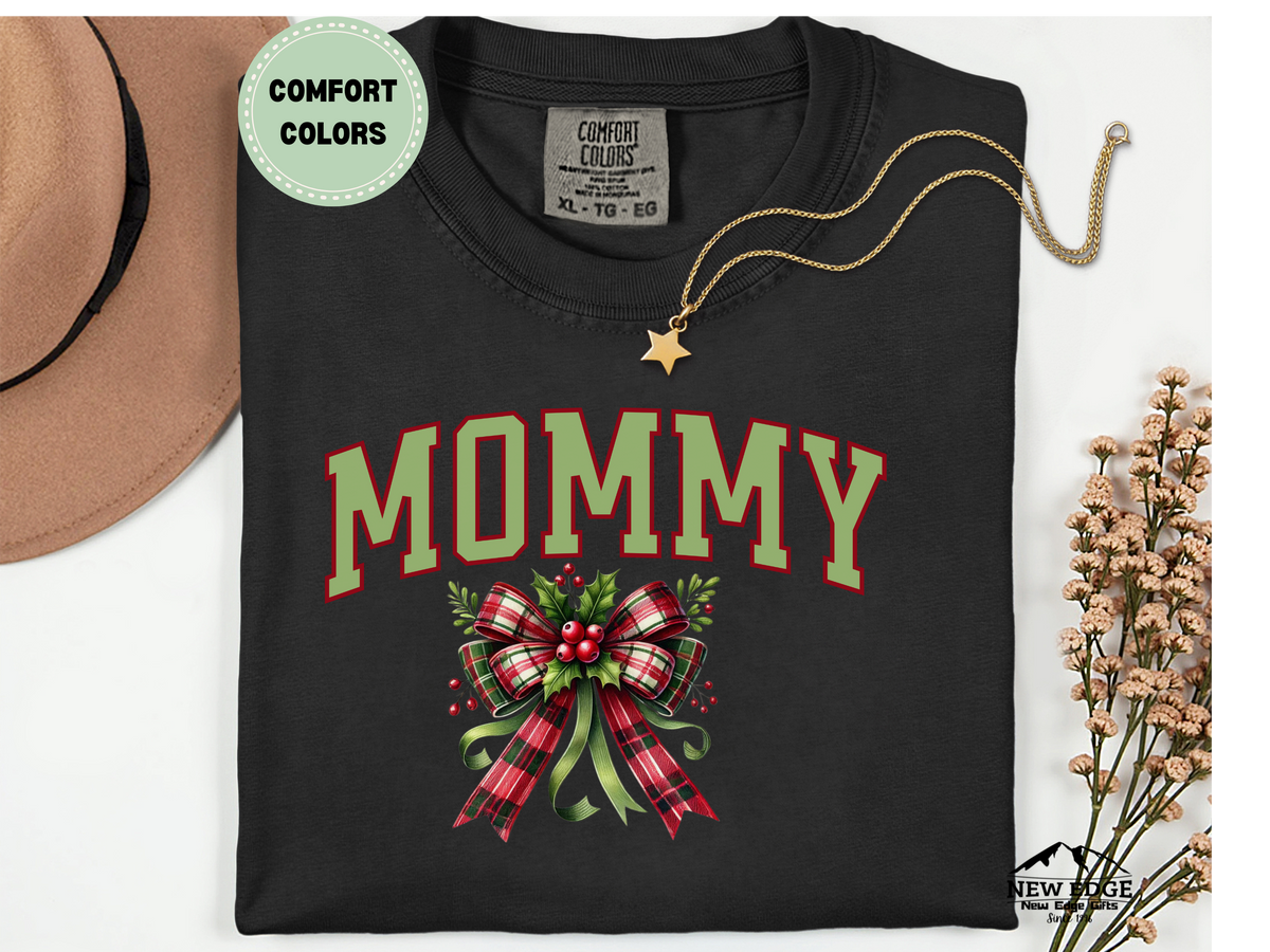 Comfort Colors Mommy Christmas Bow T-Shirt | Holiday Mom Life Graphic Tee