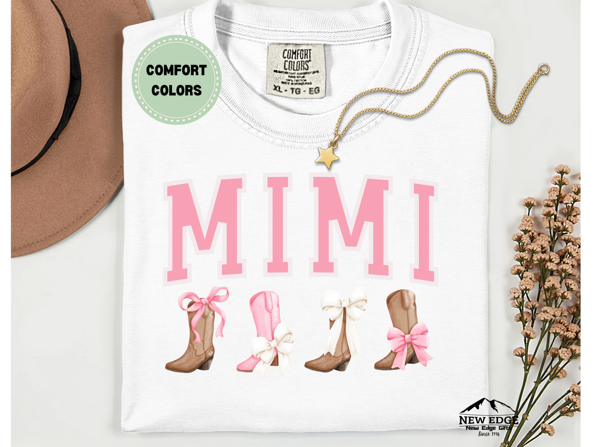 Comfort Colors MIMI T-Shirt – Western Boots & Bows Graphic Tee, Cowgirl Style Grandma Shirt